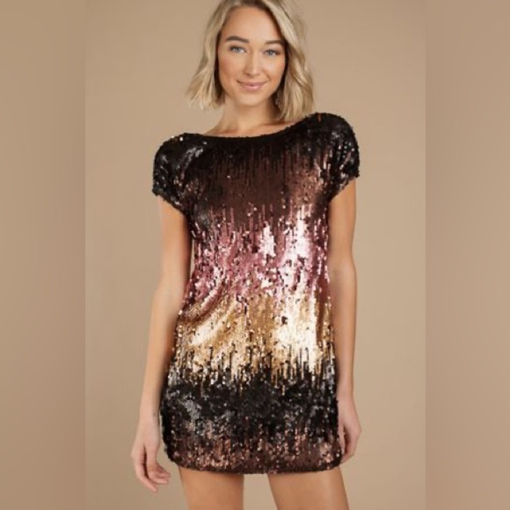 TOBI Shine Me Up Sequin Shift Dress Gold Multi Plunging Back Formal Party Small